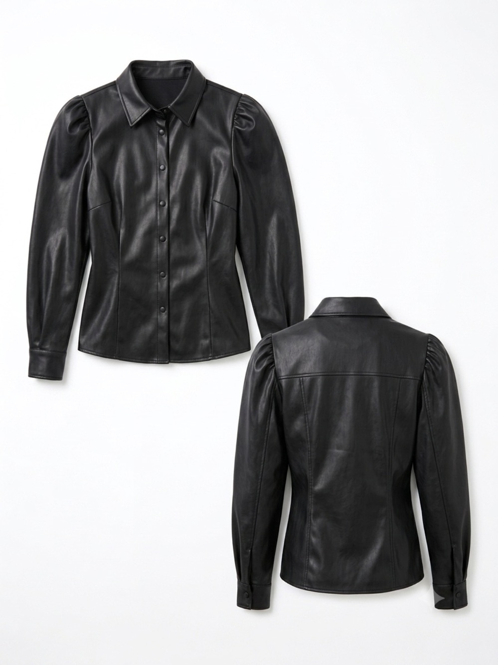 Express Black Faux Leather Puff-Sleeve Button-Down Shirt Size XS